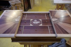 Wemyss School of Needlework Sewing Table: open marquetry top with rosewood & Scottish cherry interior