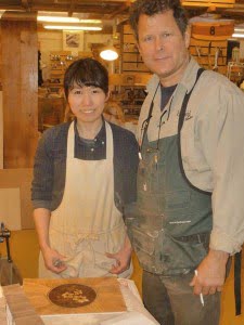 Veneerer Scott Grove and student Michiko Kakiuchi at Chippendale School of Furniture