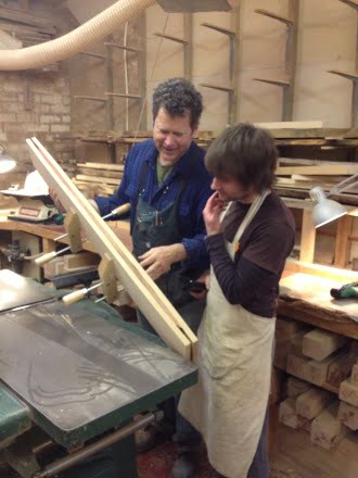 Toby Walton jointing veneer edges with Scott Grove